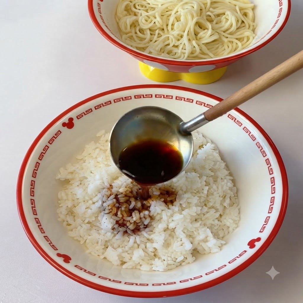 お玉で特製のタレと肉汁を、炊き立てのご飯が入った茶碗に回しがけている様子。