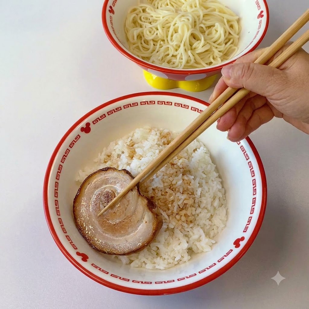 箸でチャーシューの切り身をつまみ、味付けされたご飯の丼に盛り付けている様子。