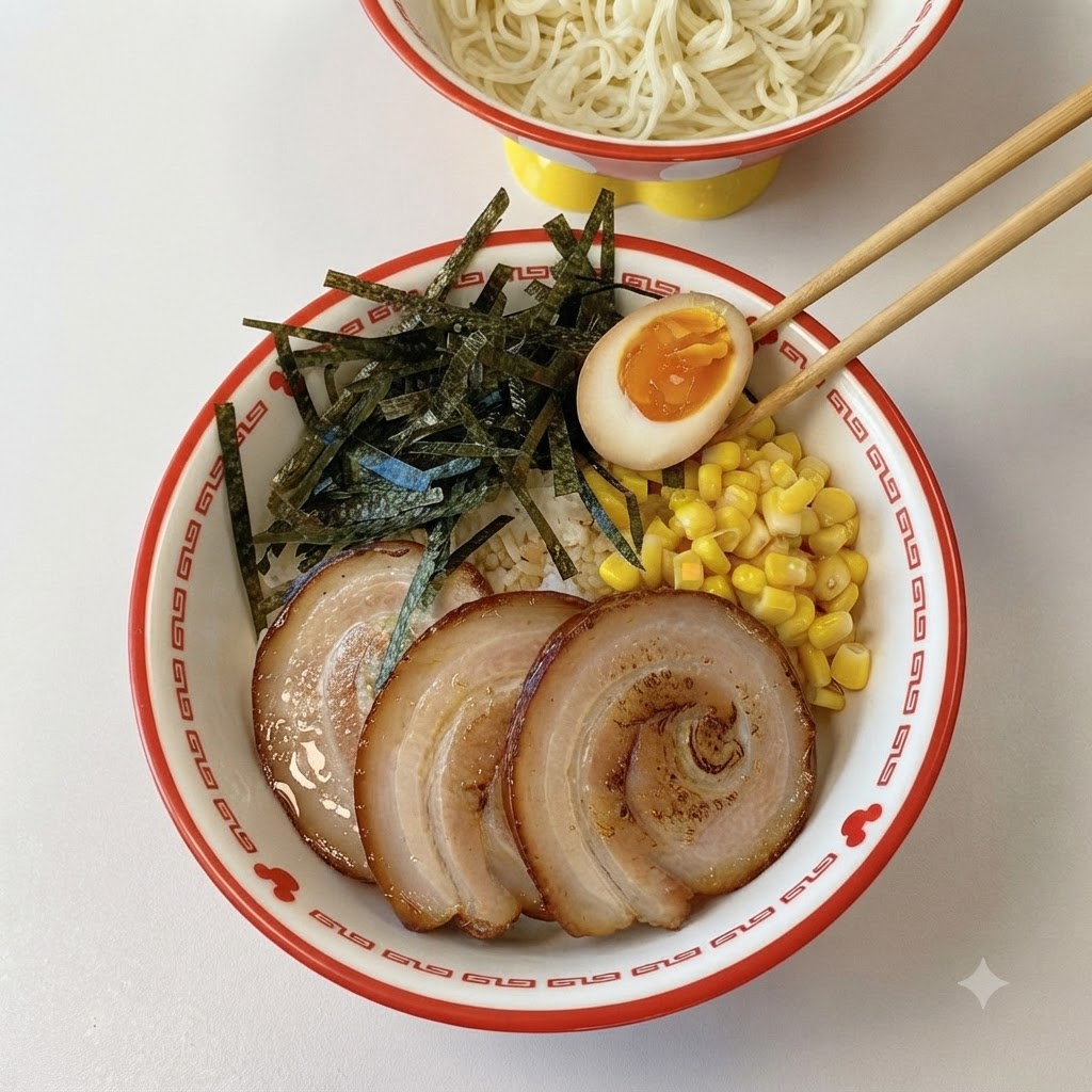 箸が、鮮やかなオレンジ色の黄身が見える半分に切られた卵をチャーシュー丼に優しくのせている様子。