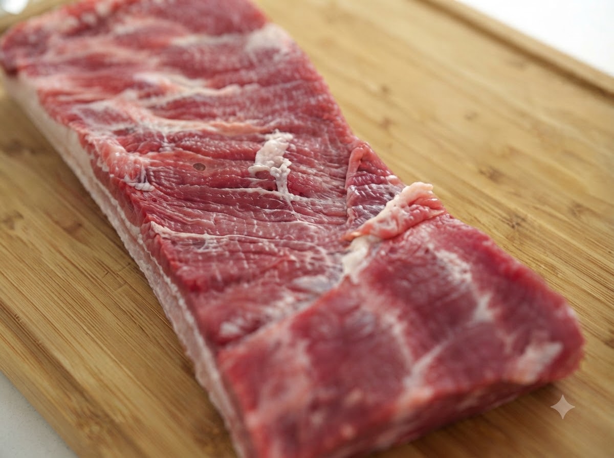 竹のまな板の上に置かれた、丸められた生の平らな豚バラ肉の円柱。