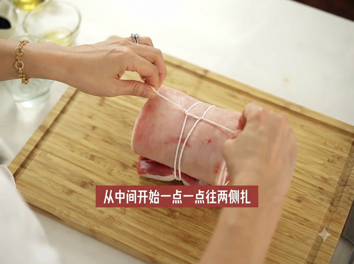 白い料理用タコ糸で全体にわたってしっかりと縛られている巻いた豚バラ肉。