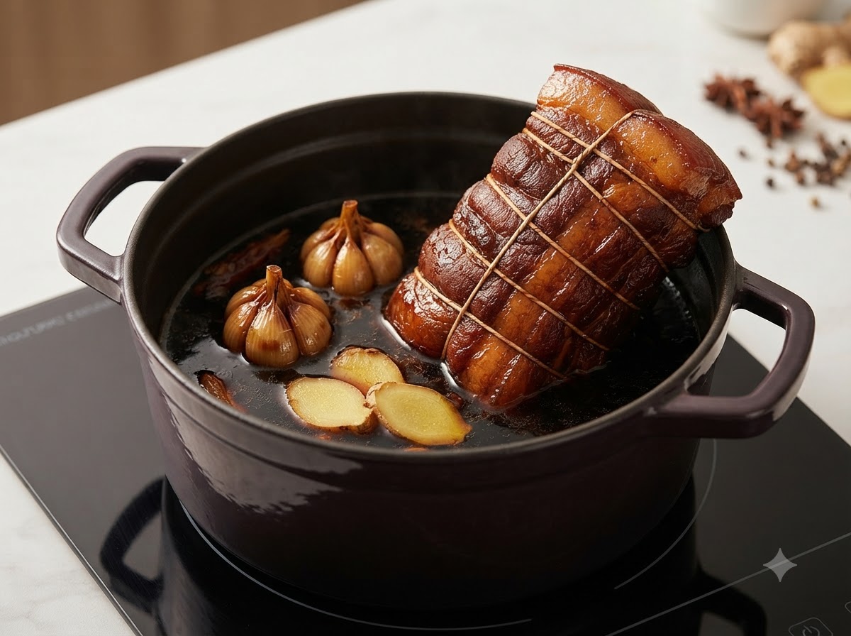 焼いた豚肉のロール、ニンニク、スライスした生姜、濃い色の煮汁が入っている鍋。