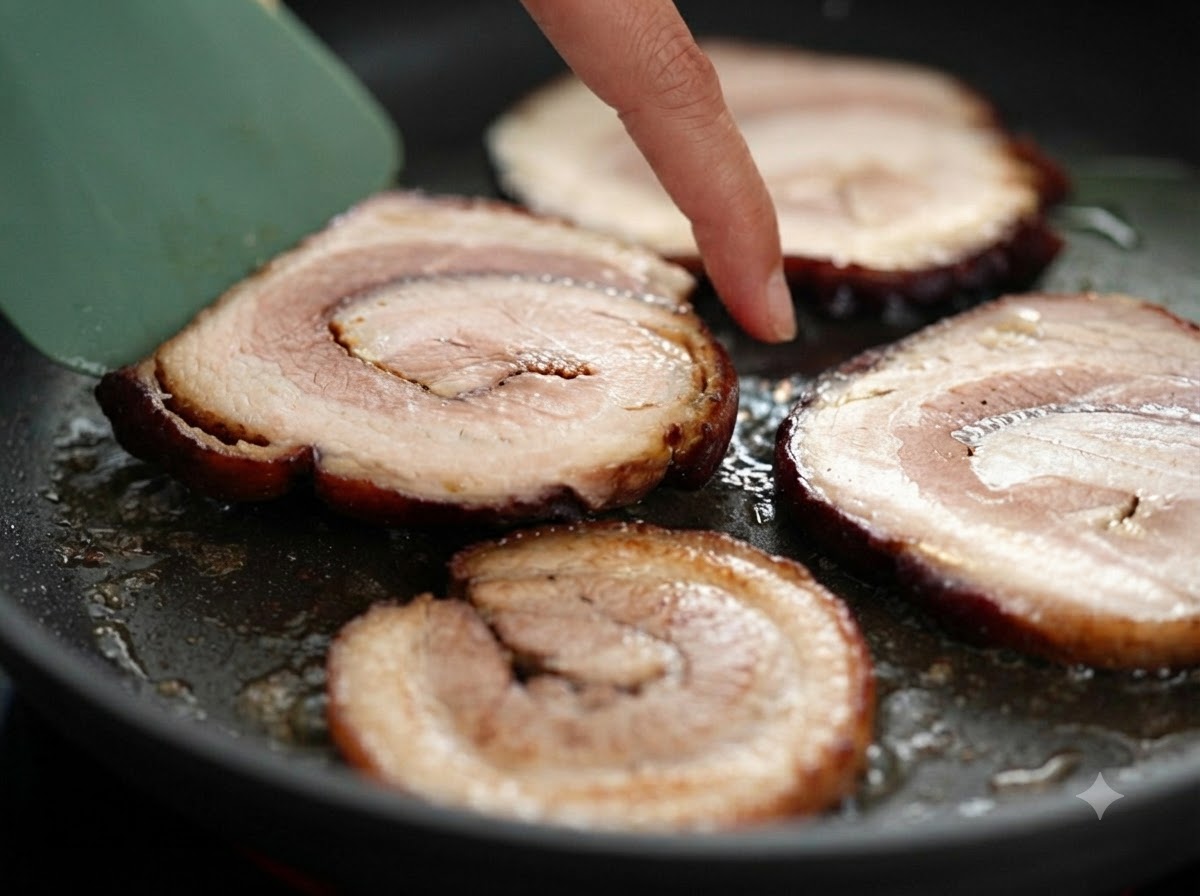 フライパンの中でジューシーに焼かれ、指で確認されている厚切りの丸いチャーシューのスライス。