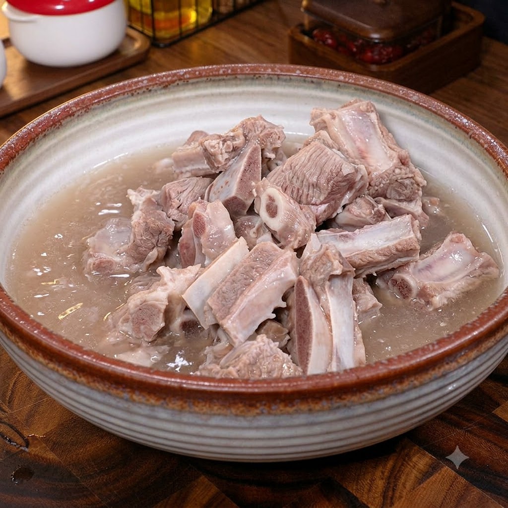 水を張った大きな陶器のボウルで、牛肉の表面を洗い流している様子。