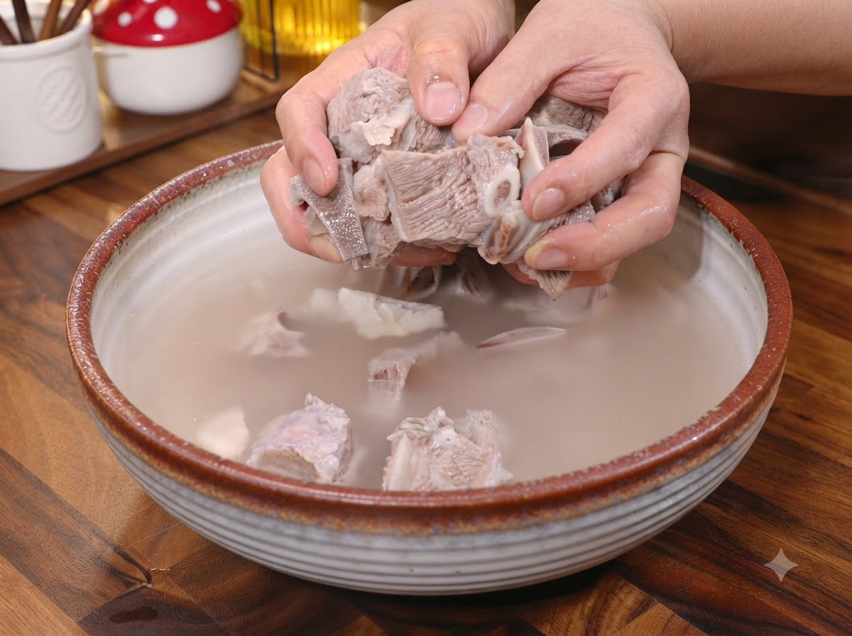 生姜、長ねぎ、スパイスが入ったフライパンに、下茹でしたステーキ肉を加えている様子。