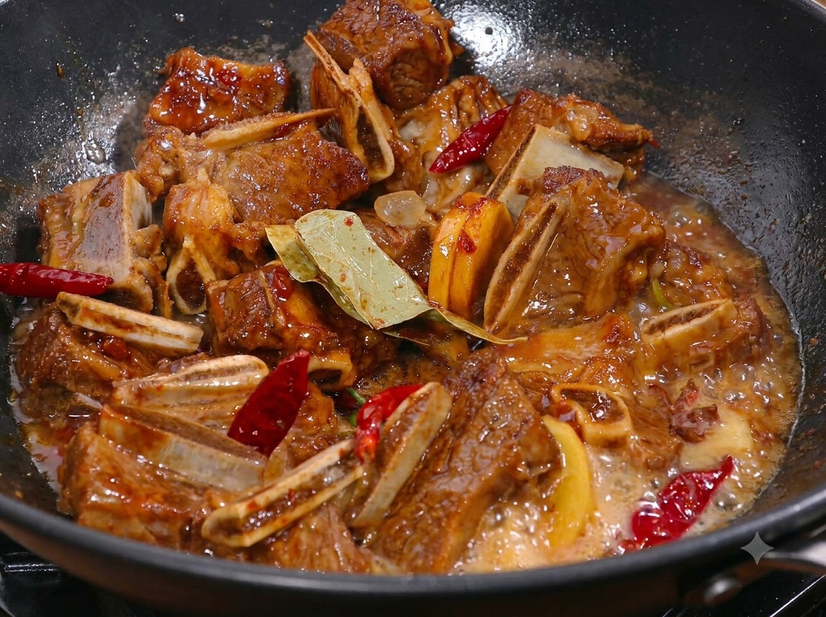 フライパンの中で、醤油やスパイスが絡んで煮込まれているステーキ肉。