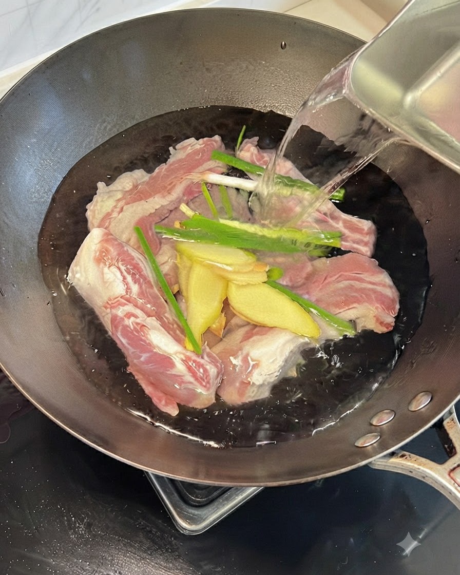 中華鍋に入れられた生の水、生姜のスライス、長ねぎの青い部分と牛肋肉