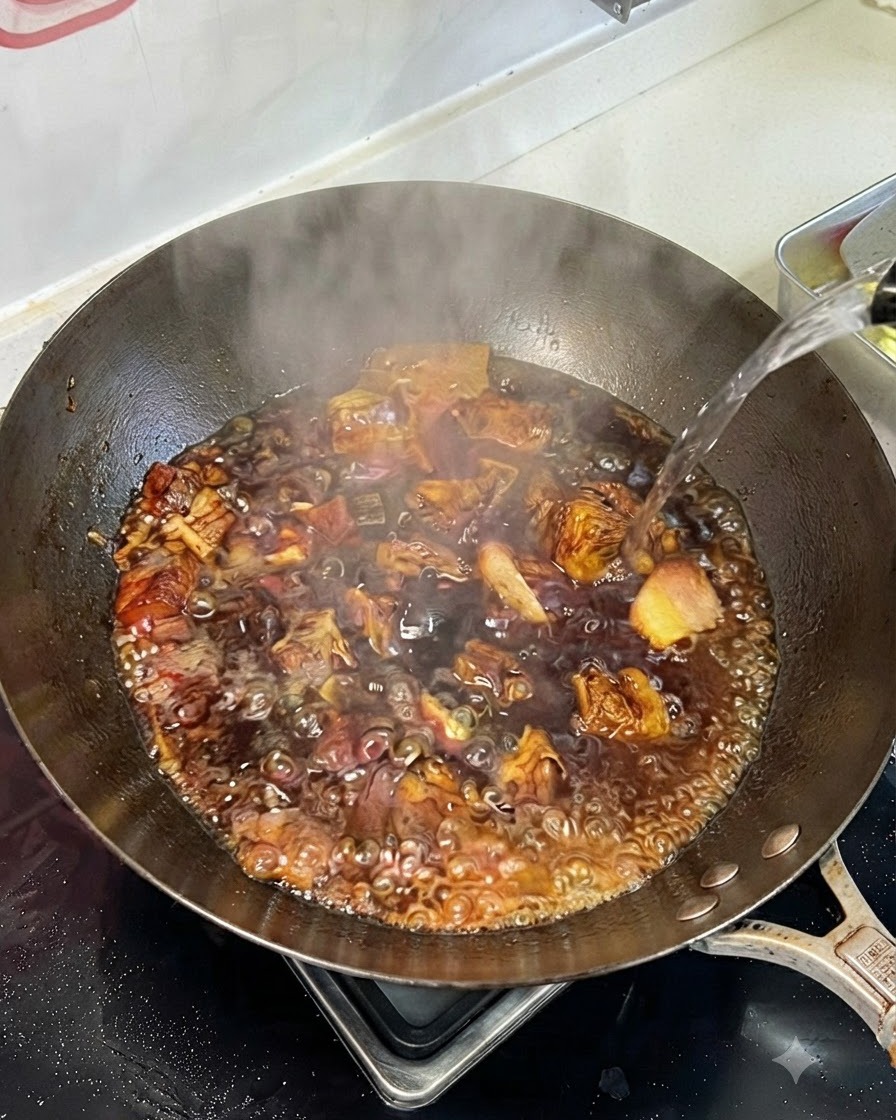 調味料で味付けされた牛肉が泡立つ中華鍋に熱湯を注ぐ様子