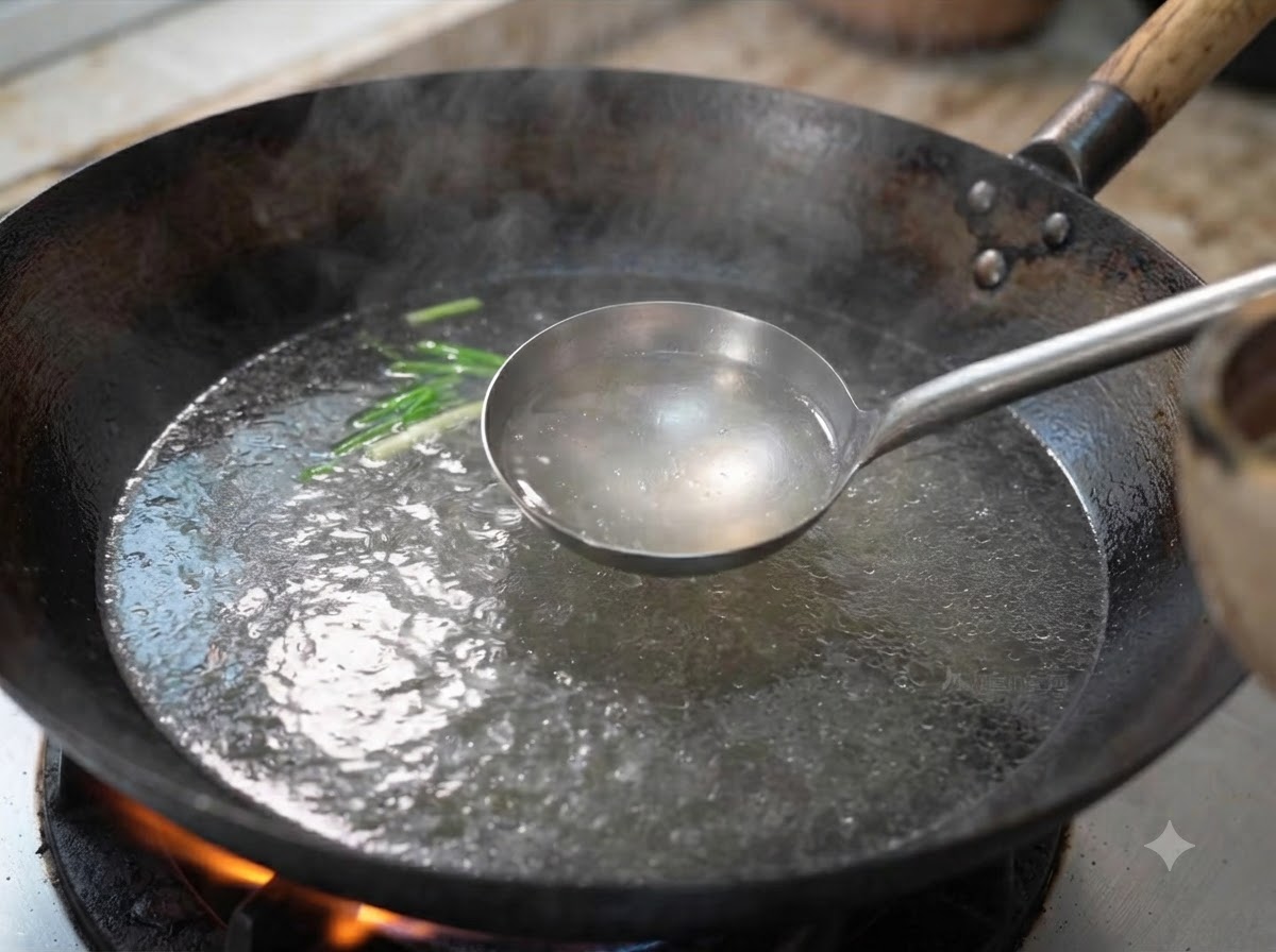 牛スペアリブを下茹でしている中華鍋の沸騰したお湯を、おたまですくい取っている様子。