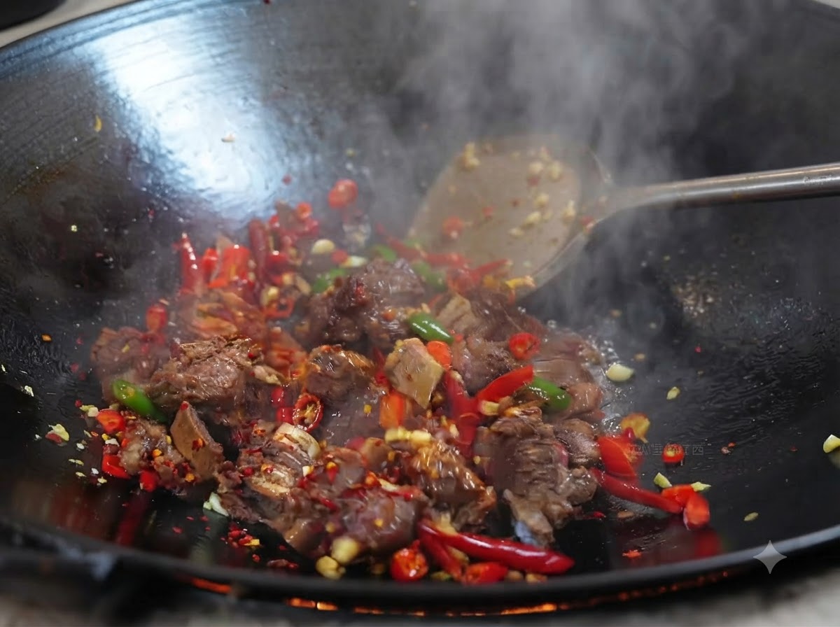 強火の中華鍋で、チリパウダーや調味料と一緒に牛スペアリブが炒められている様子。