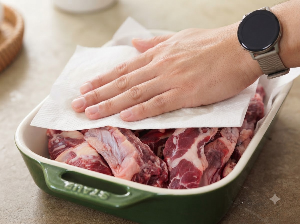緑色の皿に並べられた生の牛バラ肉の表面の水分を、ペーパータオルで押さえて拭き取る手。