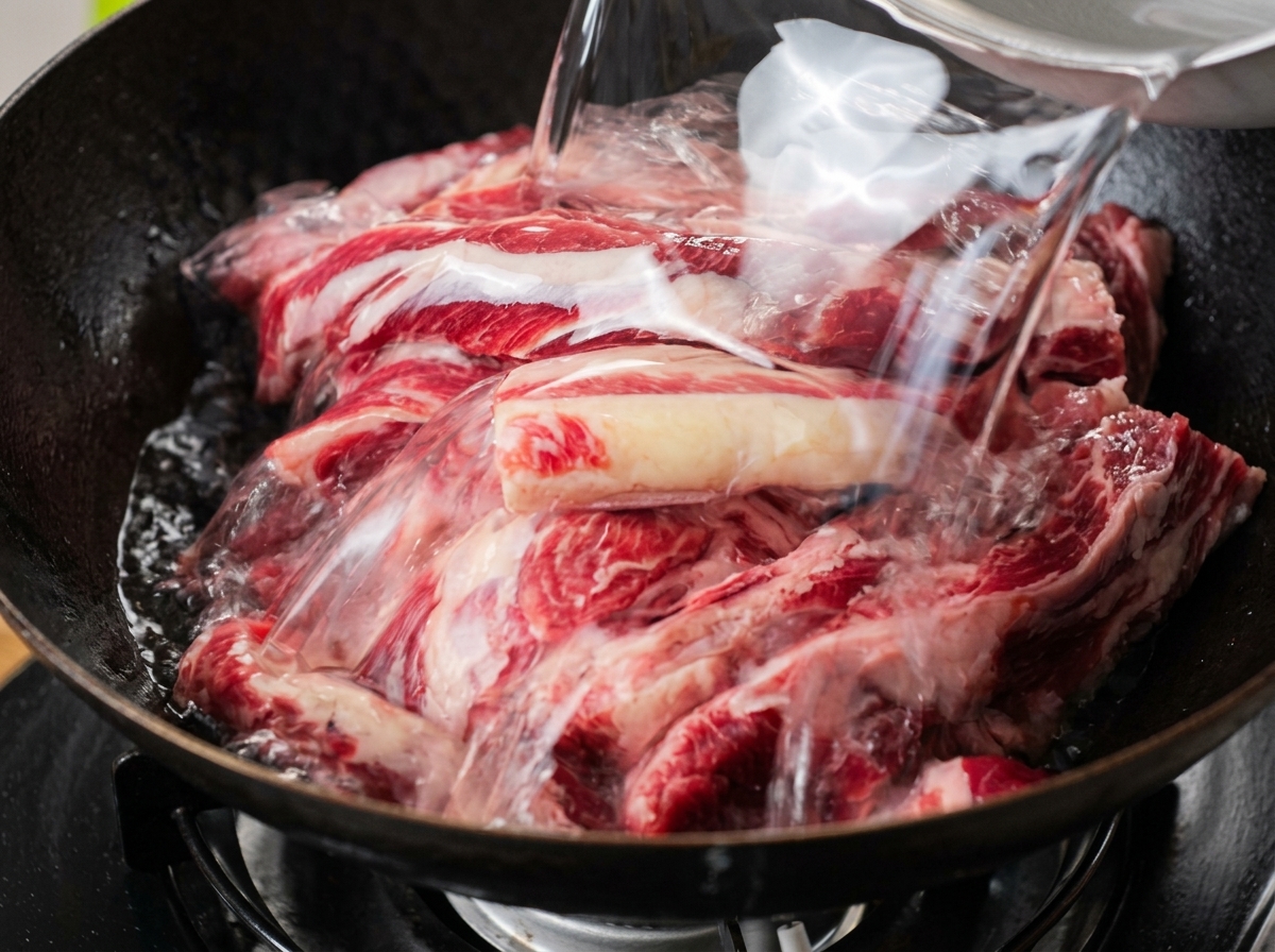 黒い中華鍋に入った生の牛バラ肉に、容器から冷水が注がれている様子。
