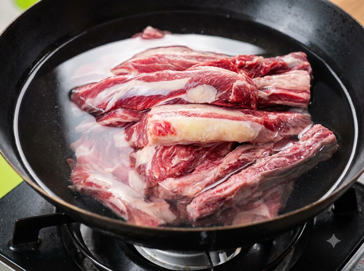 中華鍋の中の冷水と牛バラ肉に、スライスした生姜と結んだ長ねぎが添えられている様子。