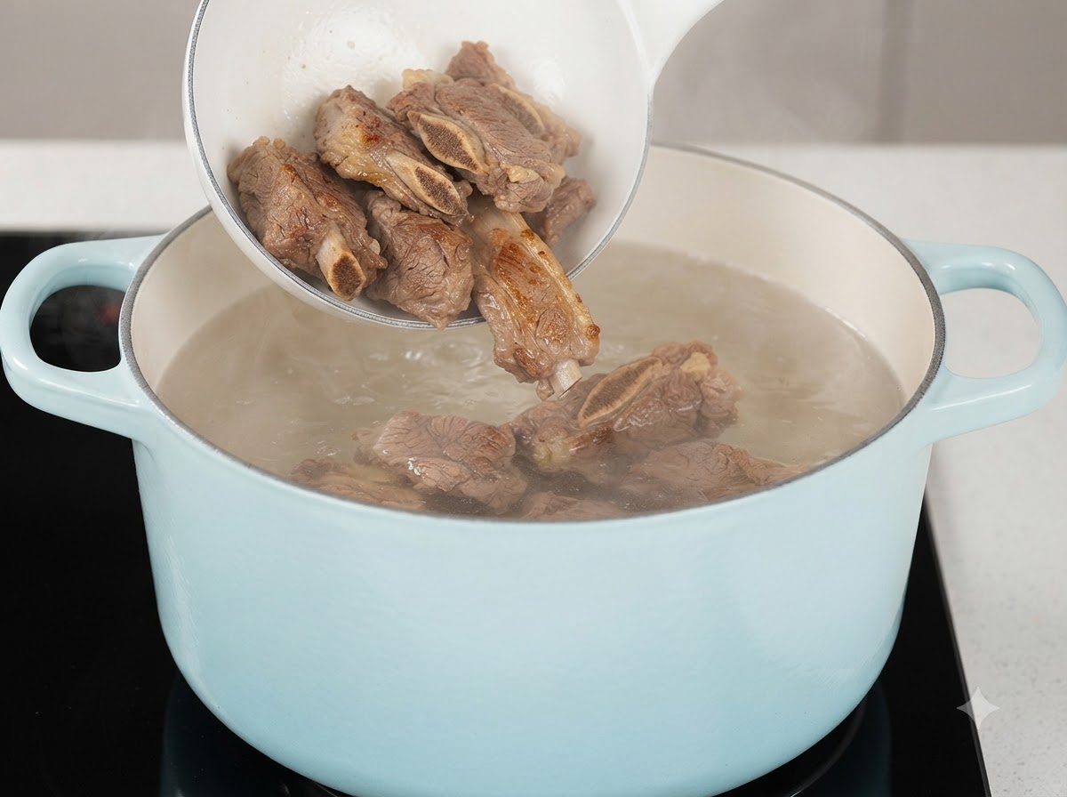 お玉を使って、下茹でした牛バラ肉を沸騰したお湯が入った水色の鍋に移している様子。