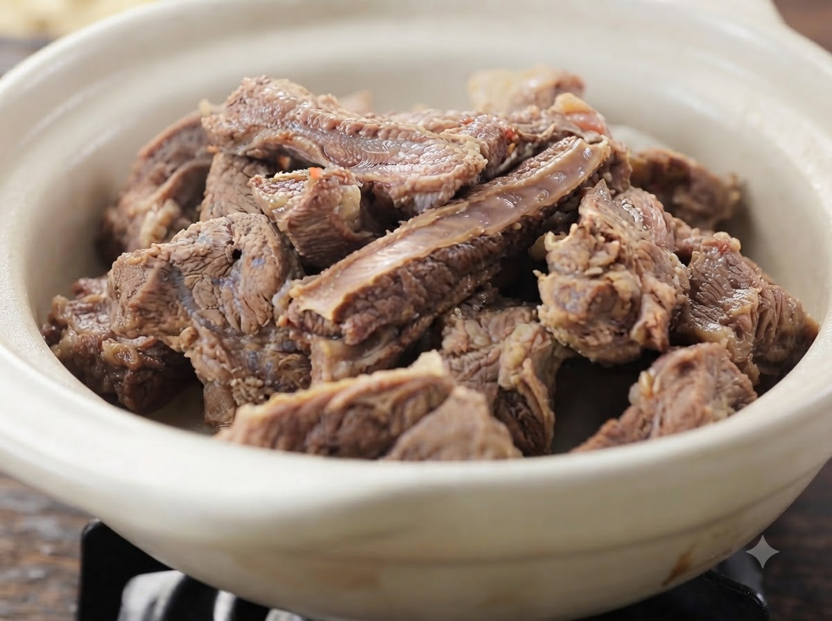 白いセラミック皿に山盛りにされた、柔らかく煮込まれた牛バラ肉のクローズアップ。