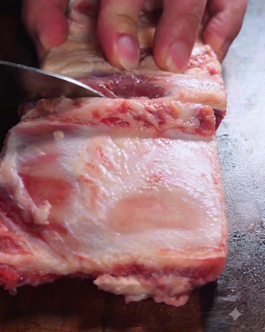 冷水の入った鍋に牛肉を入れて下茹でしている様子