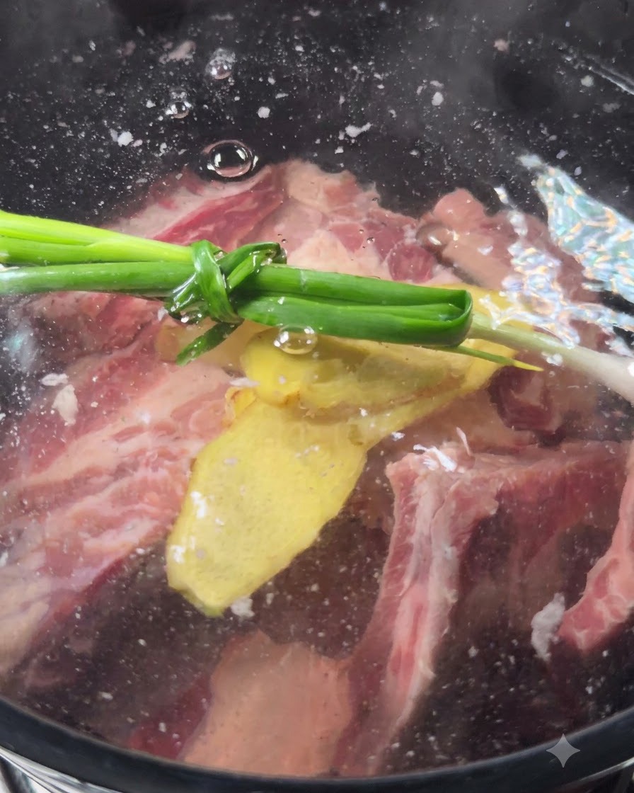 牛肉とともに鍋に入った結びねぎと生姜