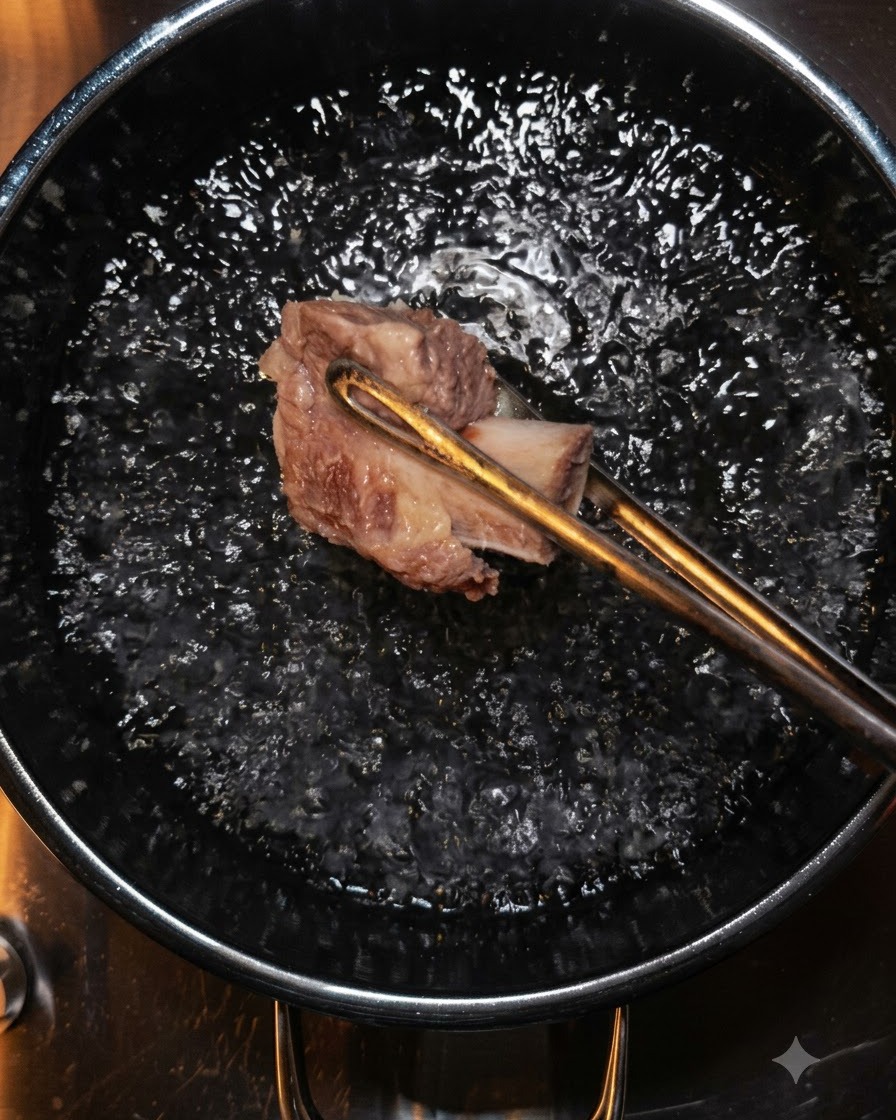トングで茹で上がった牛肉の塊を別の鍋に持ち上げている様子