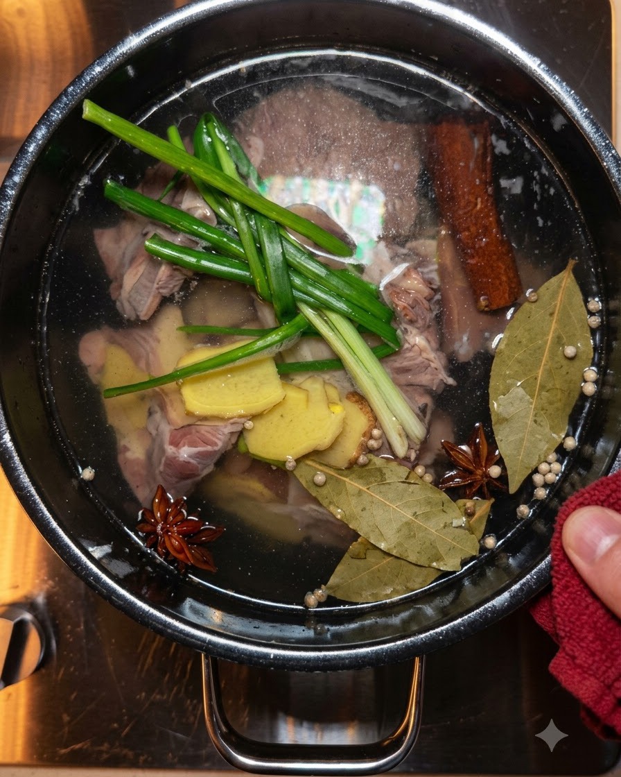 牛肉とともにスパイスや香味野菜が煮込まれている鍋の中の様子