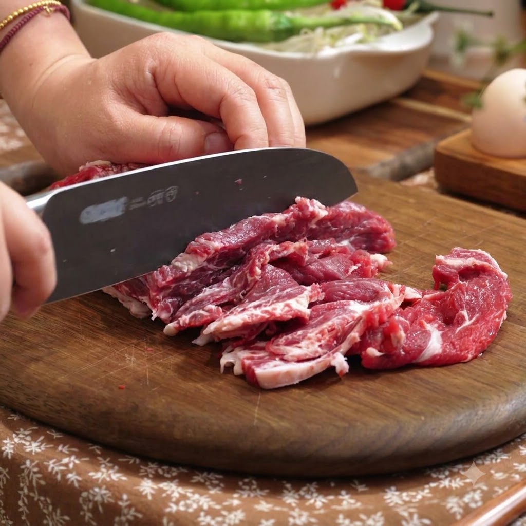 木のまな板の上で、包丁を使って生の牛肉を薄切りにしている様子