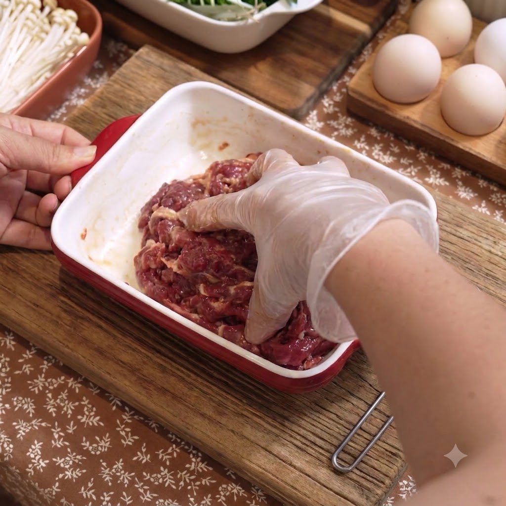 赤い長方形の耐熱皿の中で、スライスした牛肉に調味料と油を手袋をした手で揉み込んでいる様子