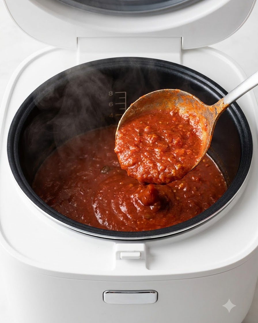 白い電気炊飯器の黒い内釜に、お玉で赤いスープを移し入れている様子
