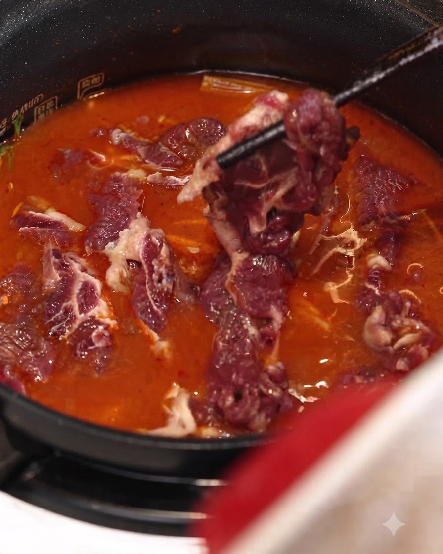 グツグツ煮立つ赤いシチューが入った炊飯器の内釜に、もやしとマリネした牛肉を入れている様子