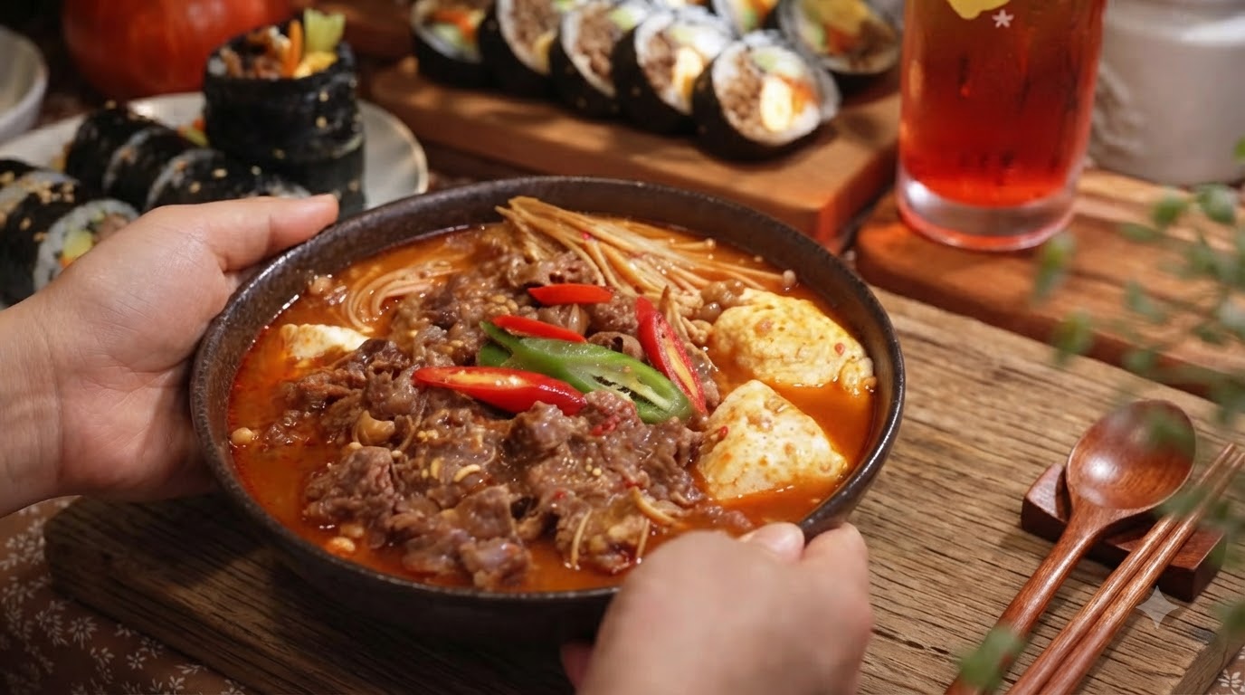 スパイシーな韓国風牛肉と豆腐のシチューが入った黒い陶器のボウルと、照り焼きビーフキンパ、サンセットビール