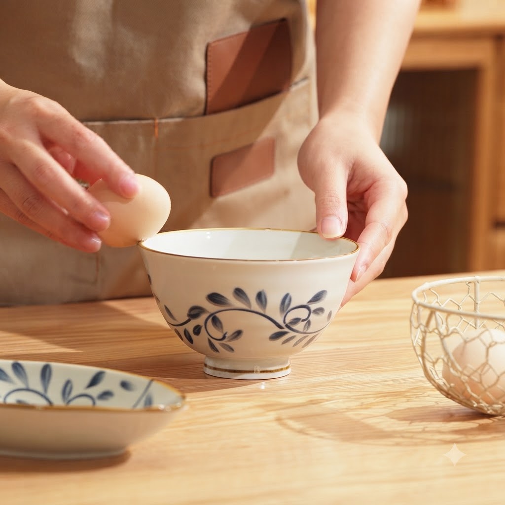 小さな陶器のボウルの縁で生卵を割る手。