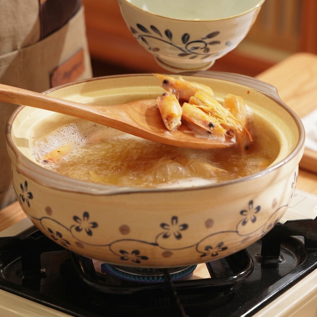 沸騰したオレンジ色のスープの入った鍋から、木製スプーンで火の通った海老の頭を取り出している様子。