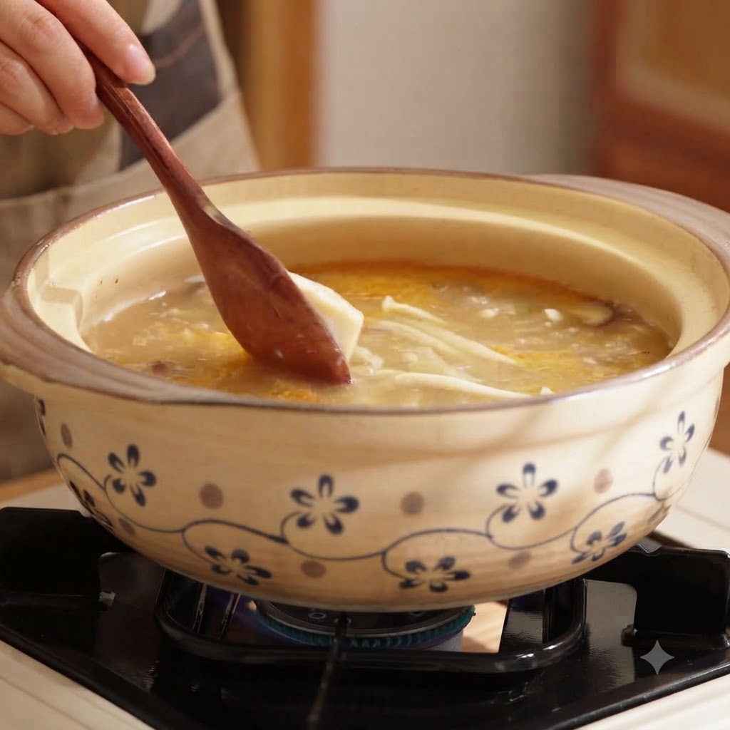 煮立っているきのこスープの入った鍋に、木製スプーンで絹ごし豆腐をすくい入れている様子。