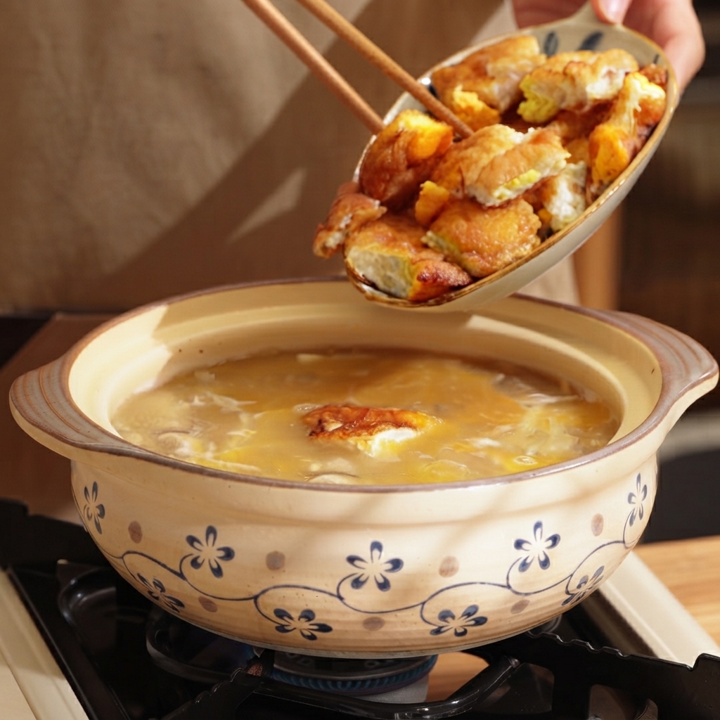 お皿から、一口大に切った揚げ焼きの卵を煮立っているスープの土鍋に滑り入れている様子。