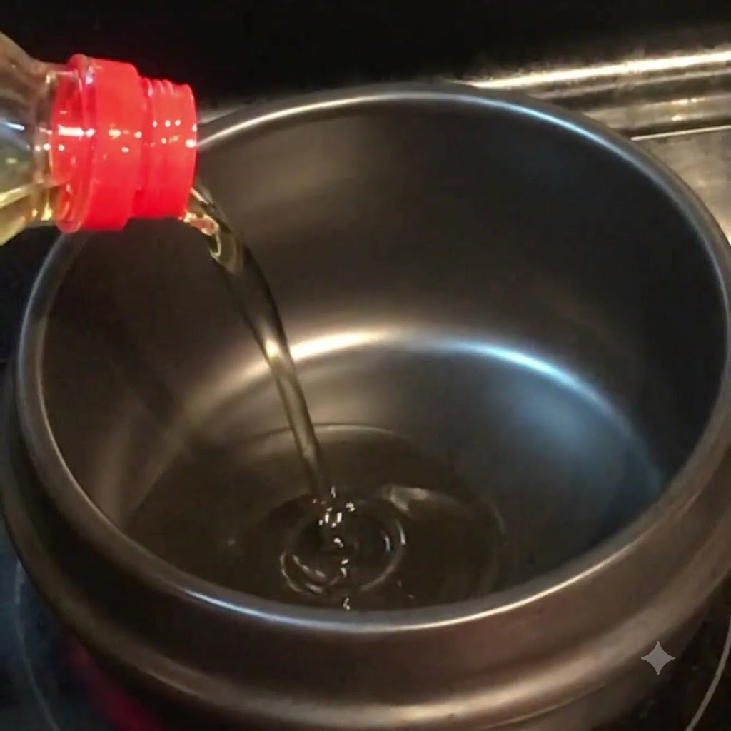 コンロの上の黒い土鍋にサラダ油とごま油が注がれている様子