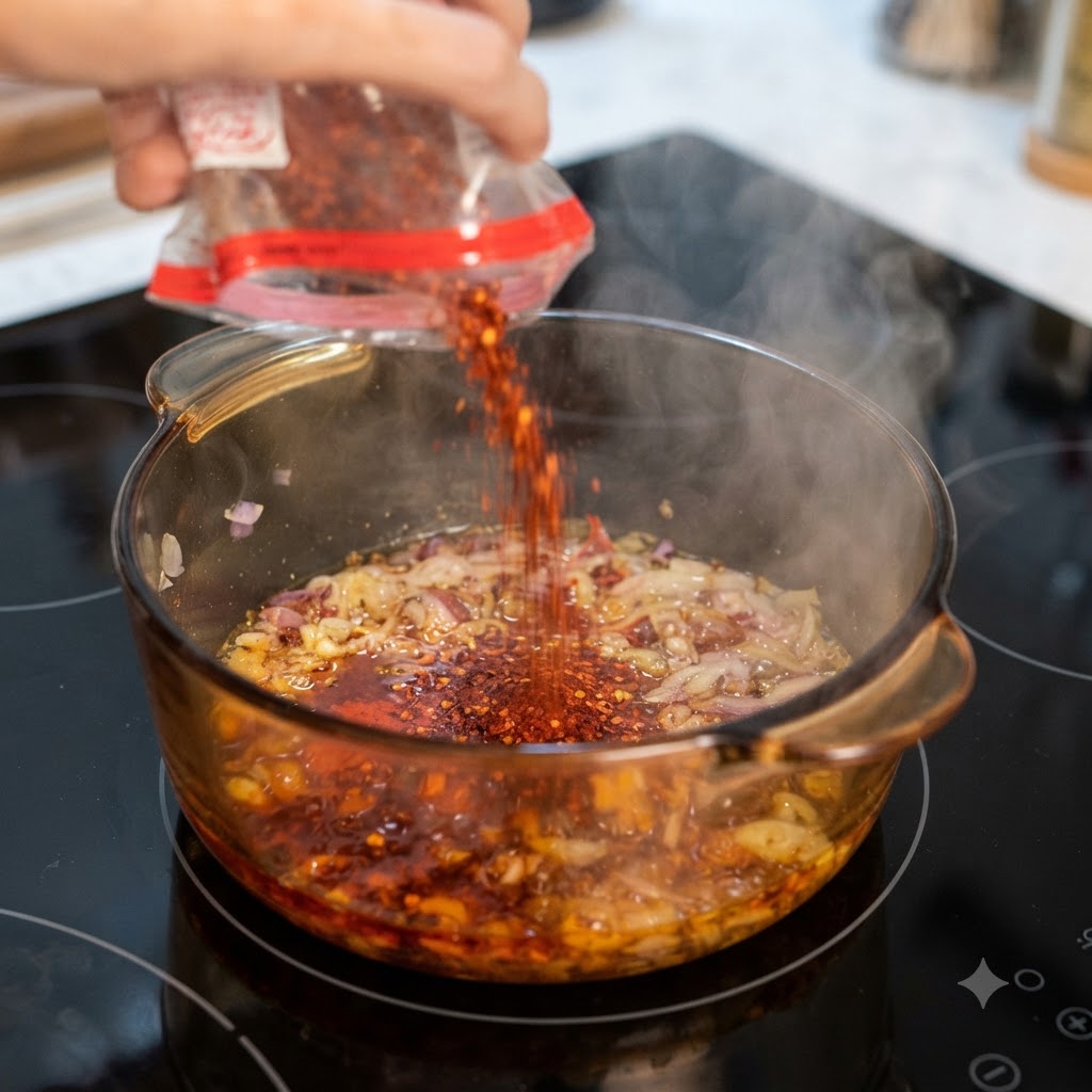 炒めた玉ねぎと油が入った鍋に、袋から粗挽きと細挽きの唐辛子粉が入れられている様子