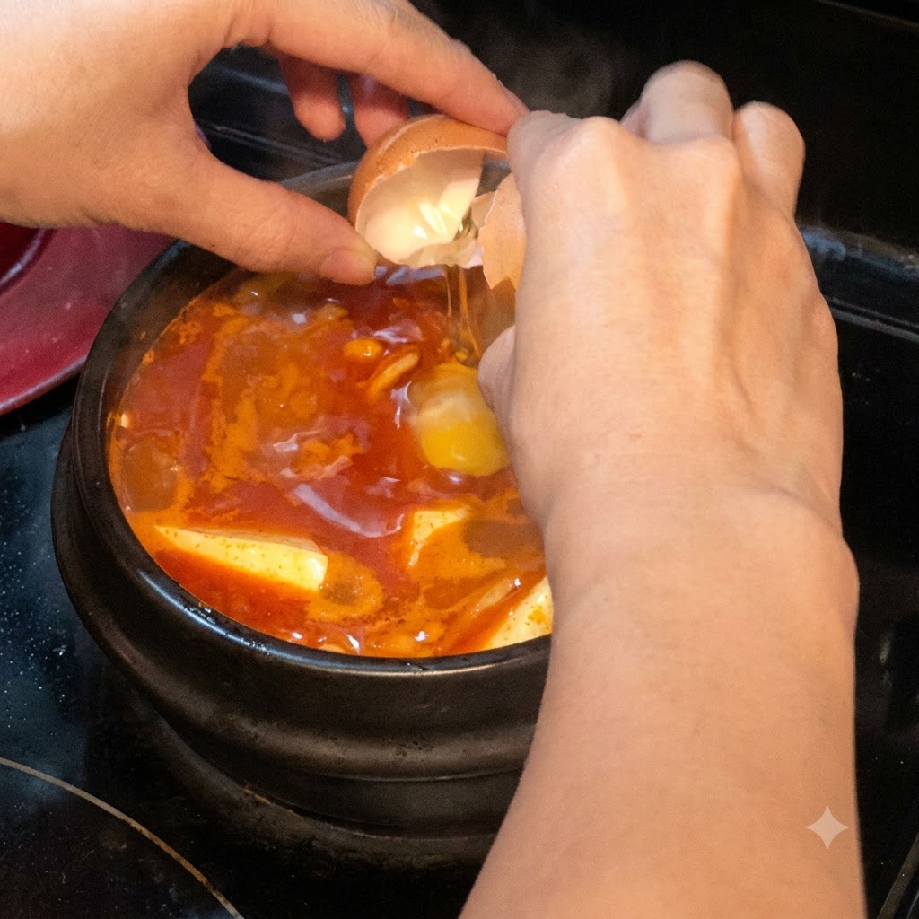 豆腐ときのこが入った赤い煮込みスープの中心に、卵が直接割り入れられている様子