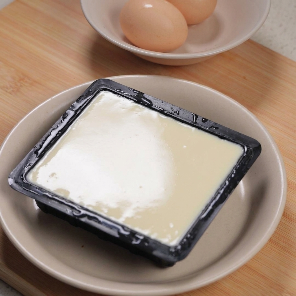 木の上に置かれた絹ごし豆腐のパックと、生卵2個が入った小さなボウル。