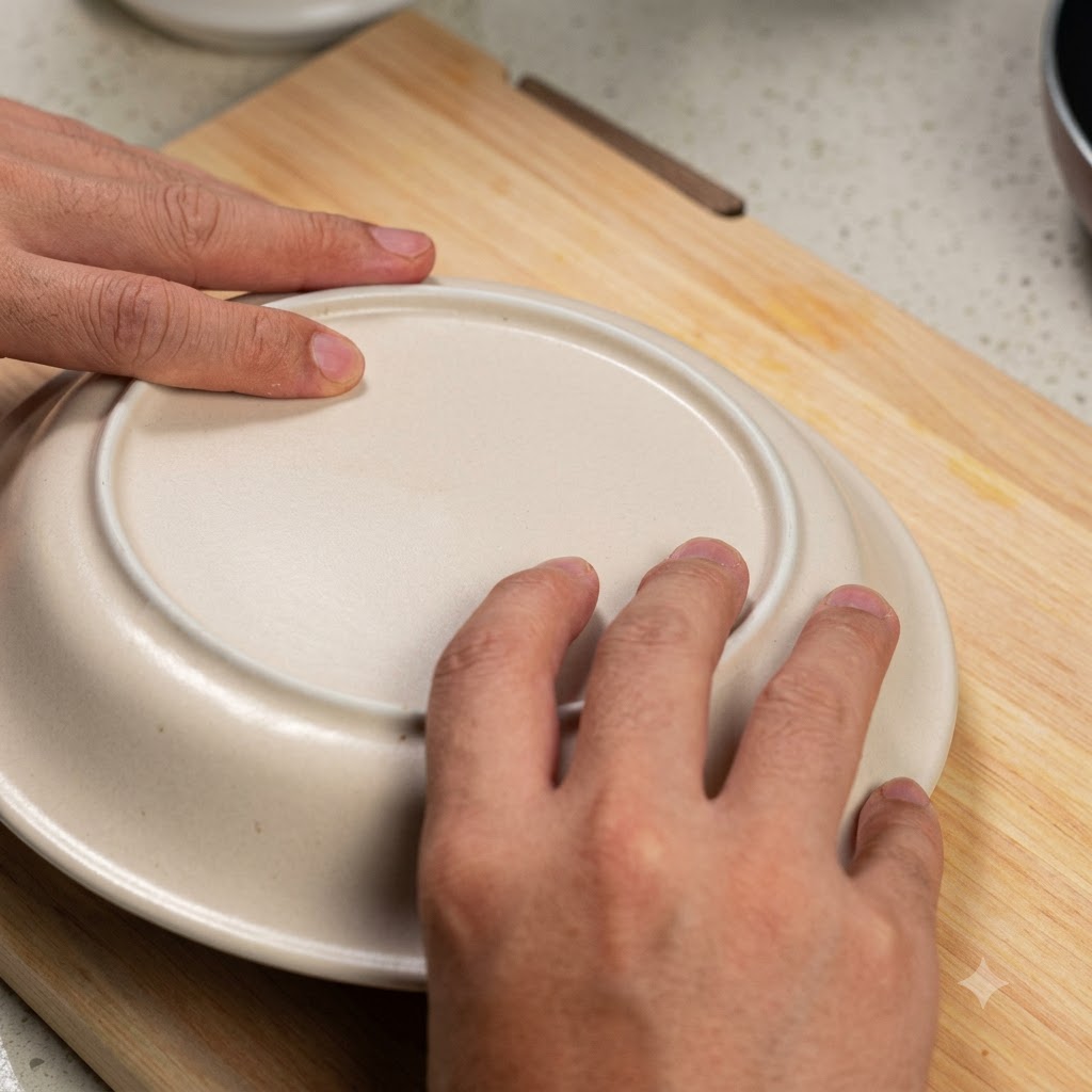 木の板の上で、絹ごし豆腐のパックの上に白い皿を逆さに被せて持っている手。