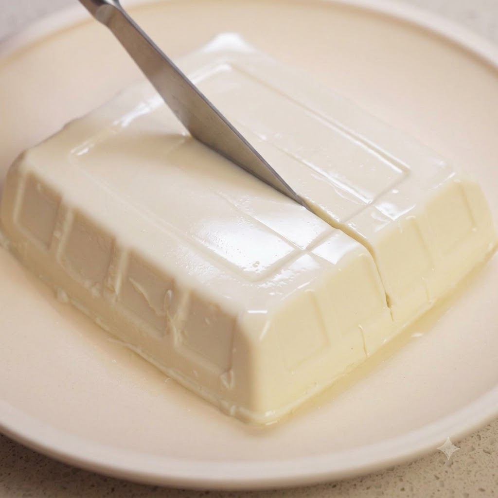明るい色のお皿にのせた白い絹ごし豆腐を、包丁で綺麗な格子状に切っているところ。