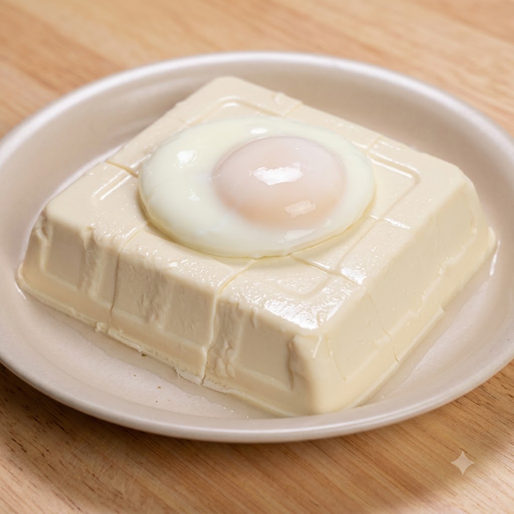 お皿にのせた格子状の絹ごし豆腐の上にのせられた温泉卵。