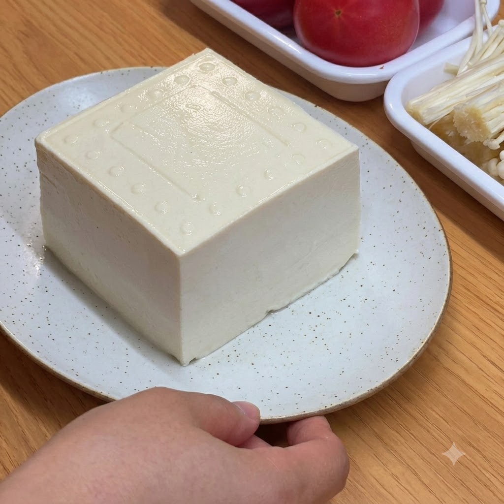 木目の上にある白い斑点模様の皿に置かれた、新鮮な白い豆腐の塊。