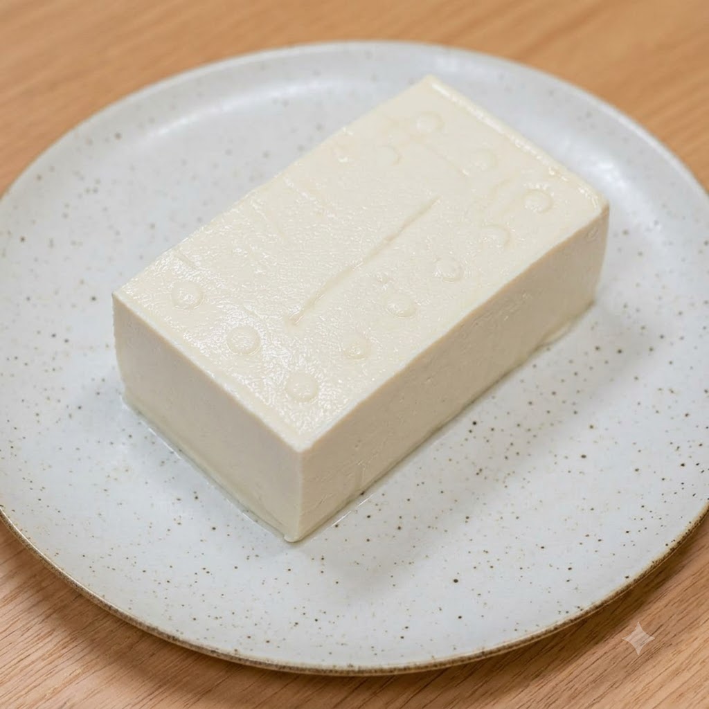 木目のテーブルの上、白い陶器の皿に置かれたなめらかな白い豆腐。