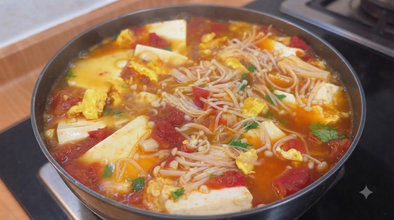 新鮮なえのき茸とふわふわの炒り卵がたっぷり入った、色鮮やかなトマトと豆腐のスープ。