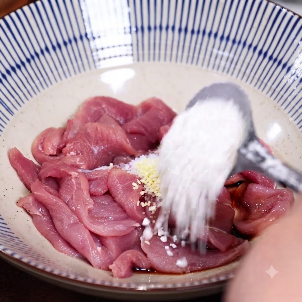 みじん切りのニンニクと醤油が入ったスライス豚肉のボウルに、白い澱粉をスプーンで注いでいる様子。