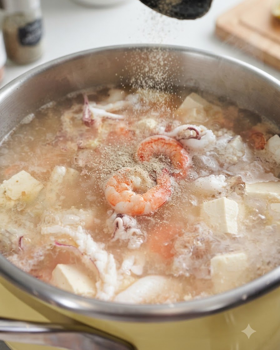 エビ、イカ、豆腐が入った活発に沸騰する海鮮スープの鍋に、白いコショウの粉が振りかけられている瞬間。