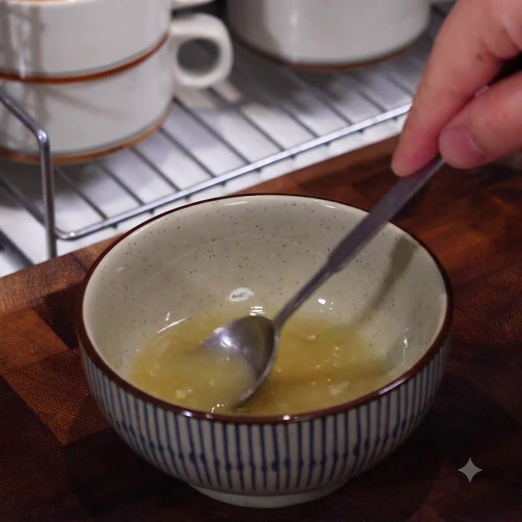 小さな陶器のボウルの中で、小さなスプーンを使って小麦粉、油、水を混ぜ合わせている手。