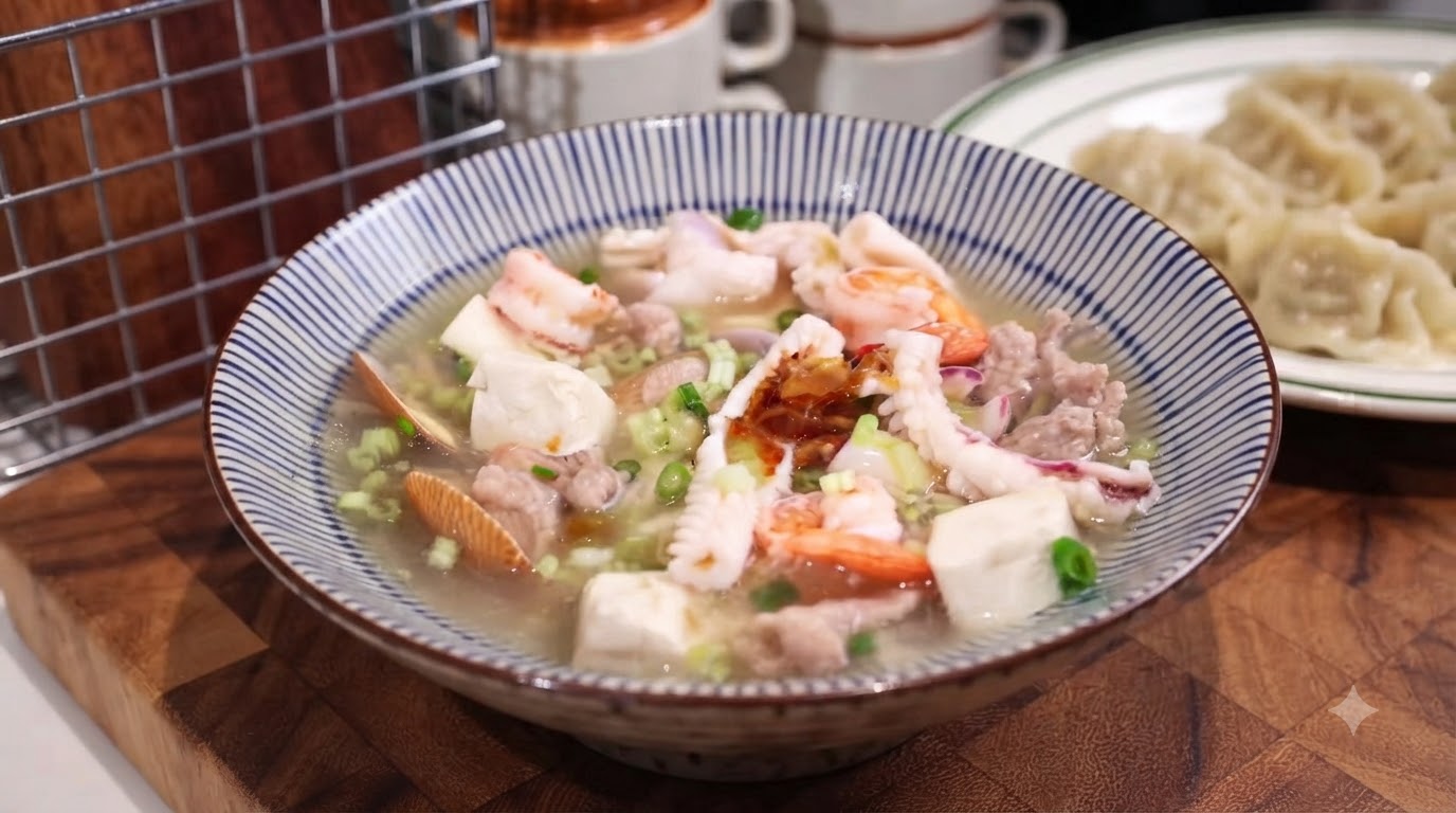 闽南海鲜スープのパリパリ氷花餃子添え