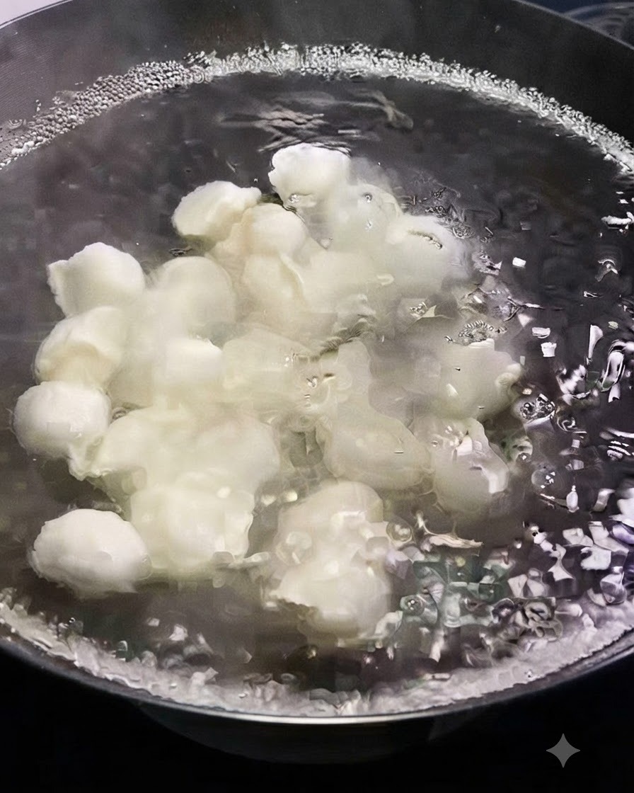 グラグラと沸騰したお湯の入った鍋で、生のお白湯餃子が茹でられているクローズアップ画像。