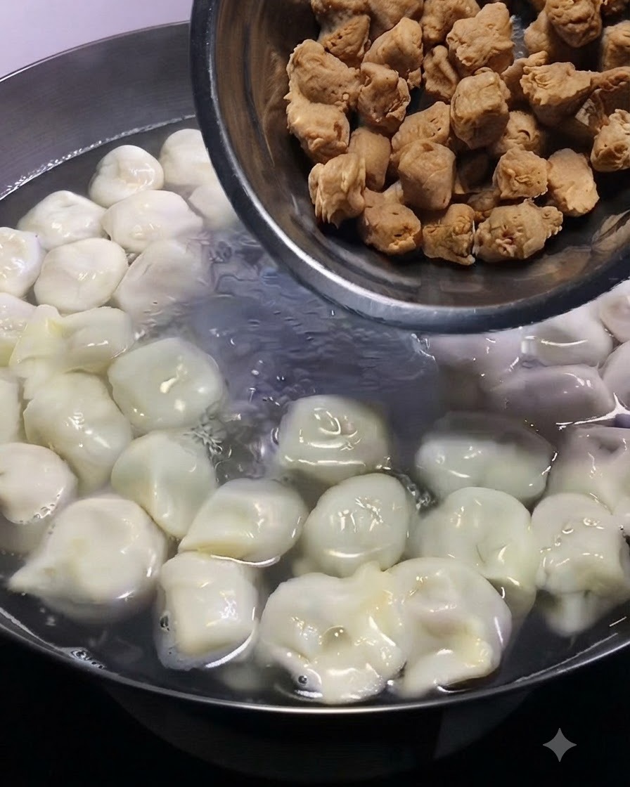 金属製のボウルから、餃子の入った煮えたぎる鍋へ小さな茶色の肉団子を投入しているところ。