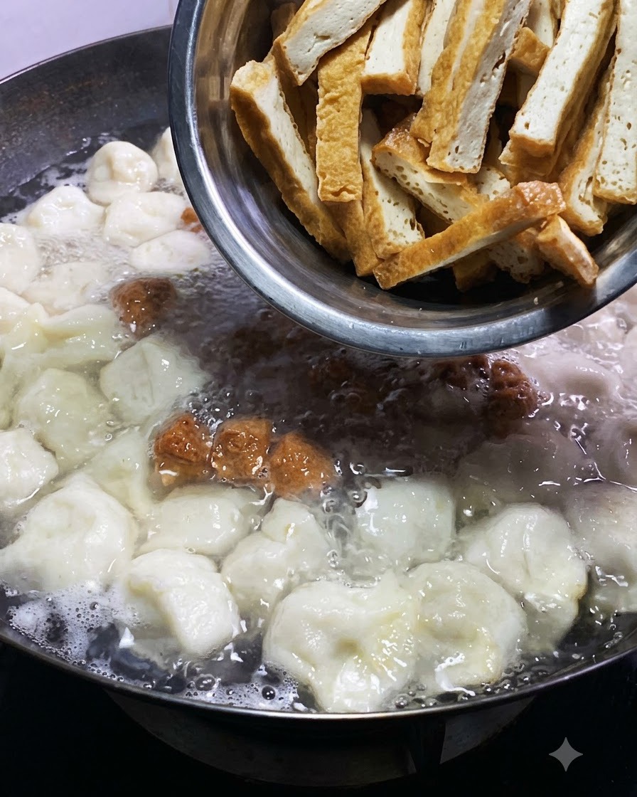 金属製ボウルからスライスされた黄金色の厚揚げが、餃子や肉団子の入った沸騰した鍋に滑り落ちているところ。
