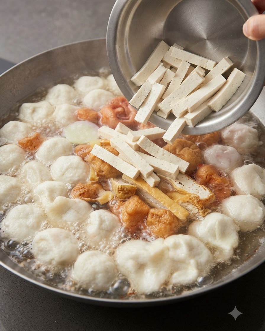 金属製のボウルから、具だくさんの濃厚なスープへと綺麗にスライスされた生白豆腐の棒状のものが投入されているところ。
